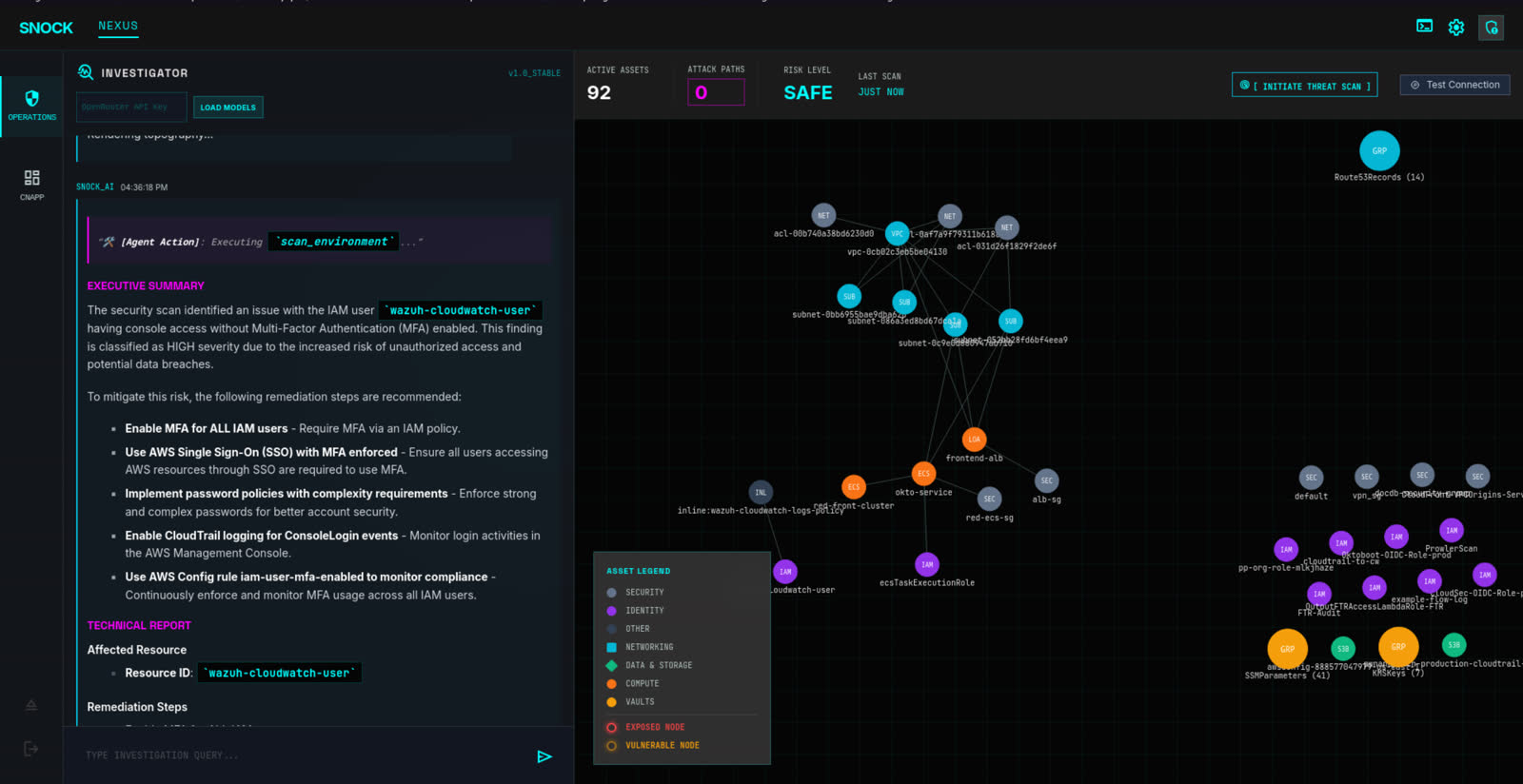 Snock workspace showing an AWS attack graph alongside an AI-guided investigation